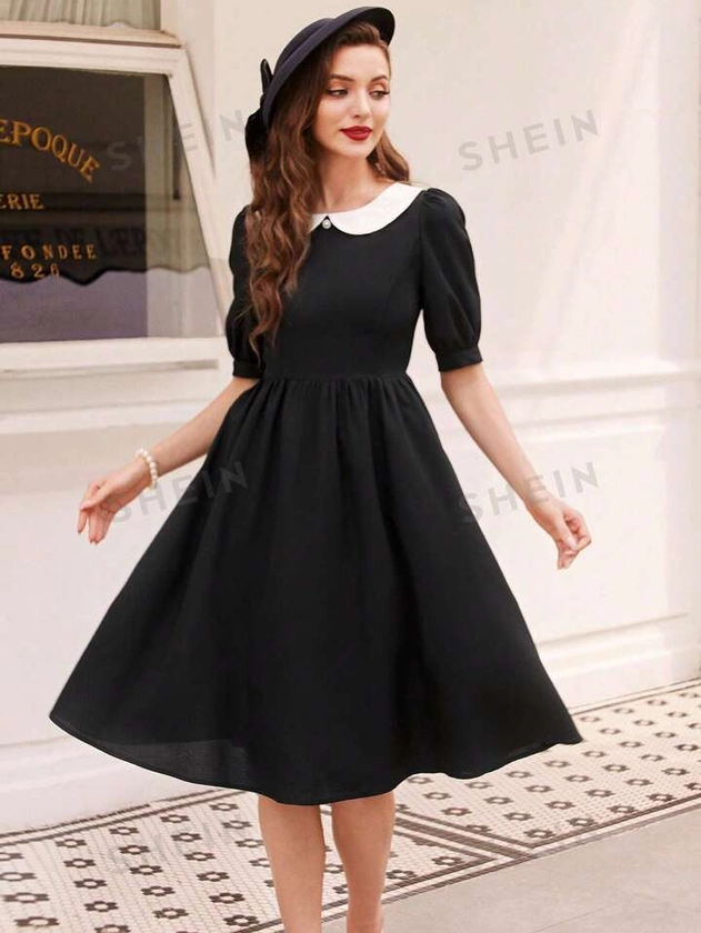 SHEIN DECDS Vestido de mujer elegante y vintage con bloques de color en el cuello, vestido negro de manga tres cuartos para verano y otoño, vestido de mujer para Halloween, ropa de otoño para mujer, vestidos de mujer de verano, vestidos de novia, vestidos de dama de honor, atuendos casuales de negocios, vestido de maestra, atuendos para salir, ropa de oficina, vestidos de regreso a casa, con cuello