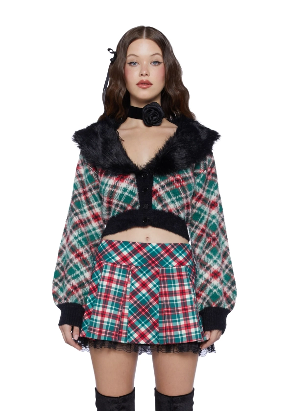 Sugar Thrillz Plaid Faux Fur Cardigan- Multi