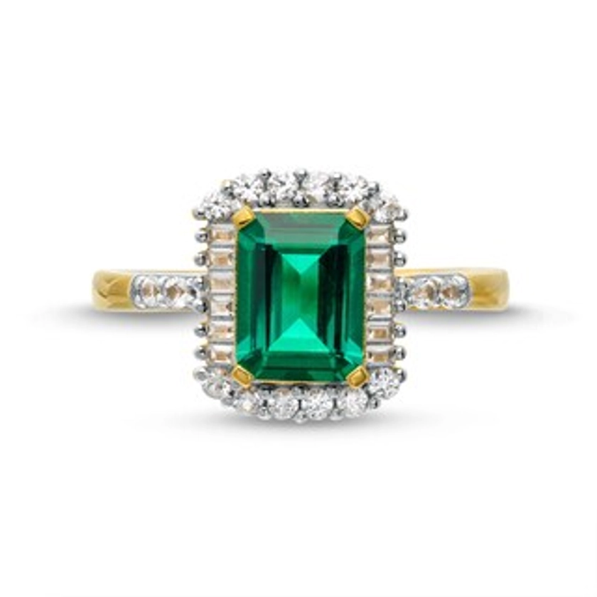 Emerald-Cut Lab-Created Emerald and White Lab-Created Sapphire Frame Ring in Sterling Silver with 18K Gold Plate|Zales Outlet