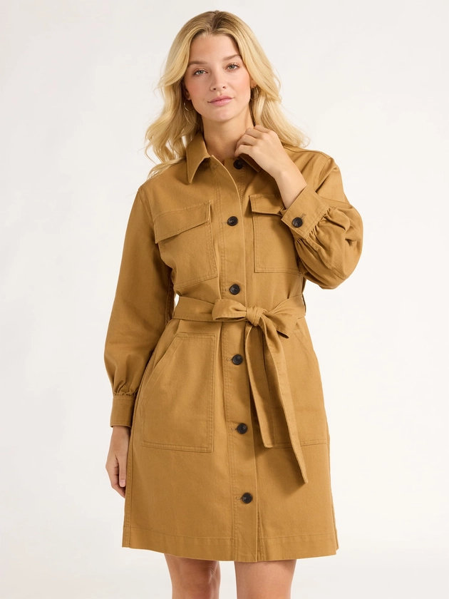 Free Assembly Women's Belted Utility Mini Dress with Long Sleeves, Sizes XS-XXL