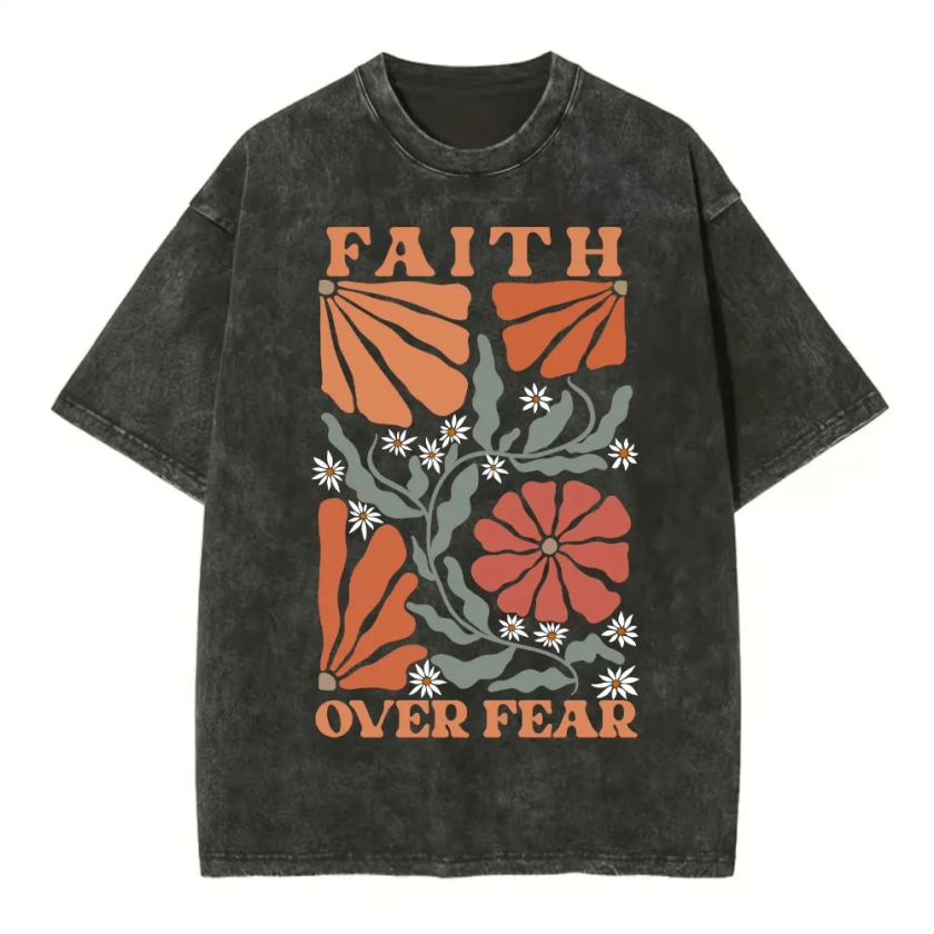 Faith Over Fear Boho Flower Christian Washed T-Shirt Sale - GuidingCross