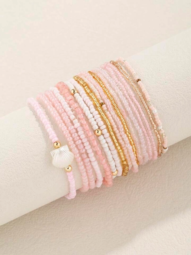 17pcs Pink & White Bohemian Style Glass Beaded Bracelet
