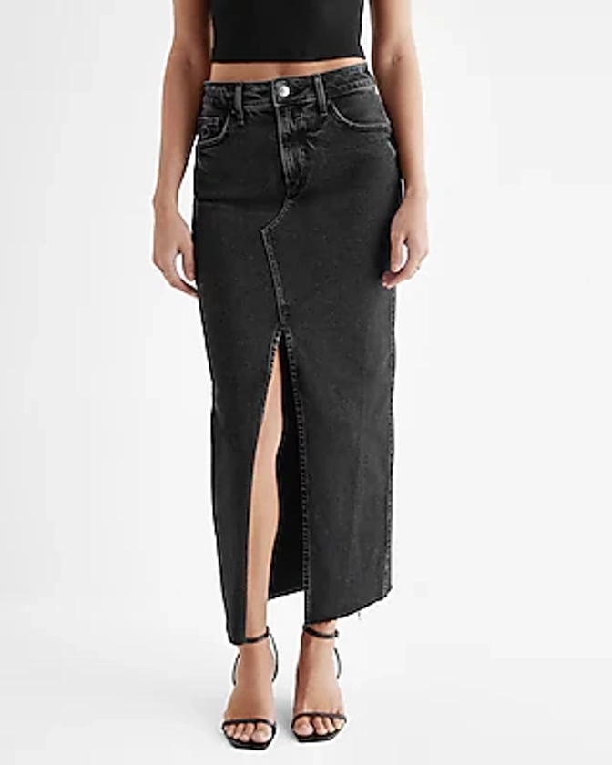 High Waisted Black Raw Hem Front Slit Maxi Denim Skirt