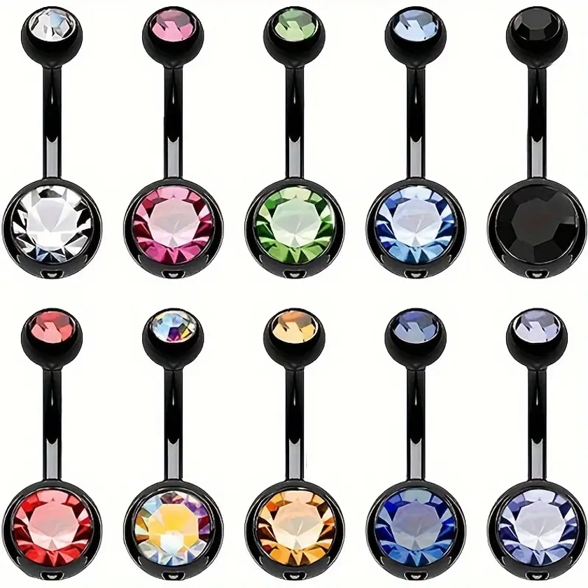 10pc Belly Button Rings Set, 0.49oz Sexy Surgical Stainless Steel Navel Barbell Studs With Colorful Rhinestone, Assorted Colors For Women Body Piercing Faux Jewelry