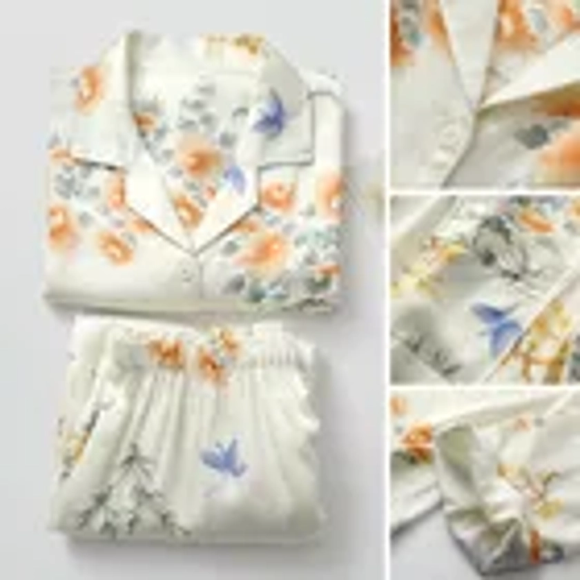 Finlies - Pajama Set: Short-Sleeve Collared Floral Print Shirt + Elastic Waist Straight Leg Pants | YesStyle