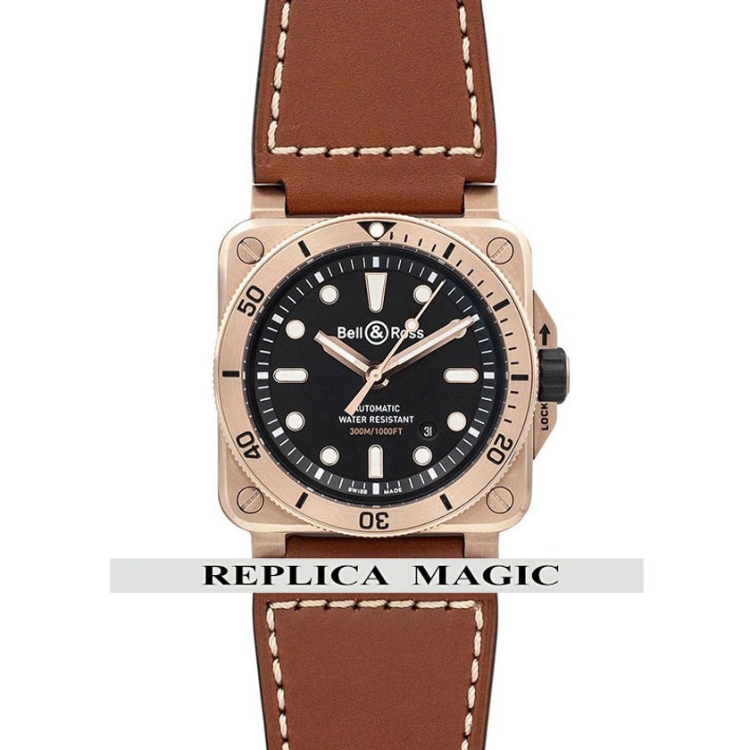Bell & Ross BR 03-92 Diver Black Dial In Rose Gold On Brown Leather Strap replica watch - Replica Magic Watch