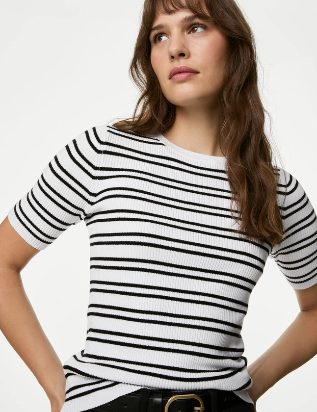 Striped Ribbed Crew Neck Knitted Top