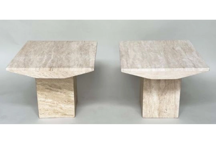 TRAVERTINE LAMP TABLES, a pair, 1970s Italian marble each square with plinth, 60cm x 60cm x 51cm