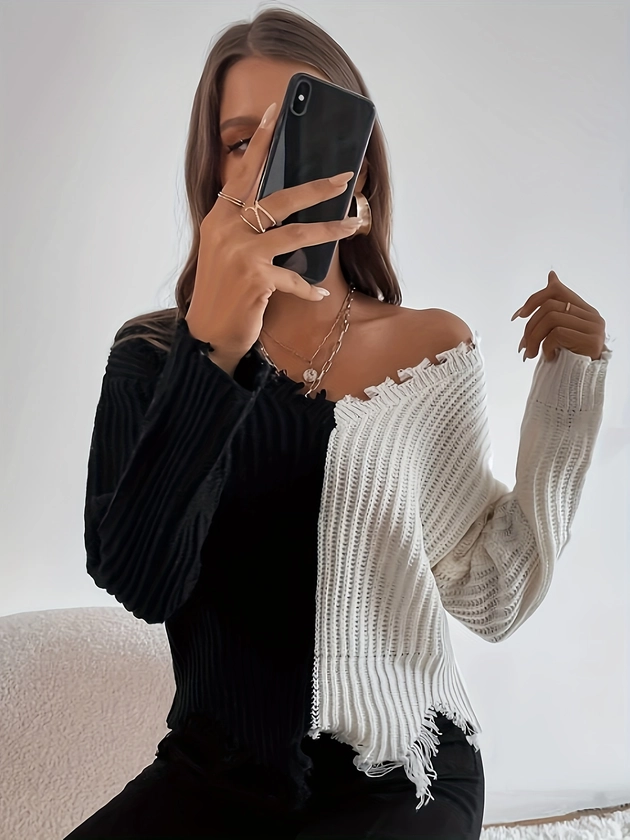 V Neck Pullover Sweater Casual Ripped Long - Temu