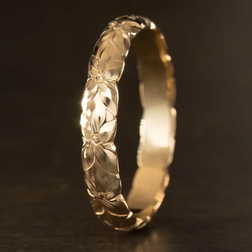 14K Gold Ring [4mm width] All Plumeria Hand Engraved Design