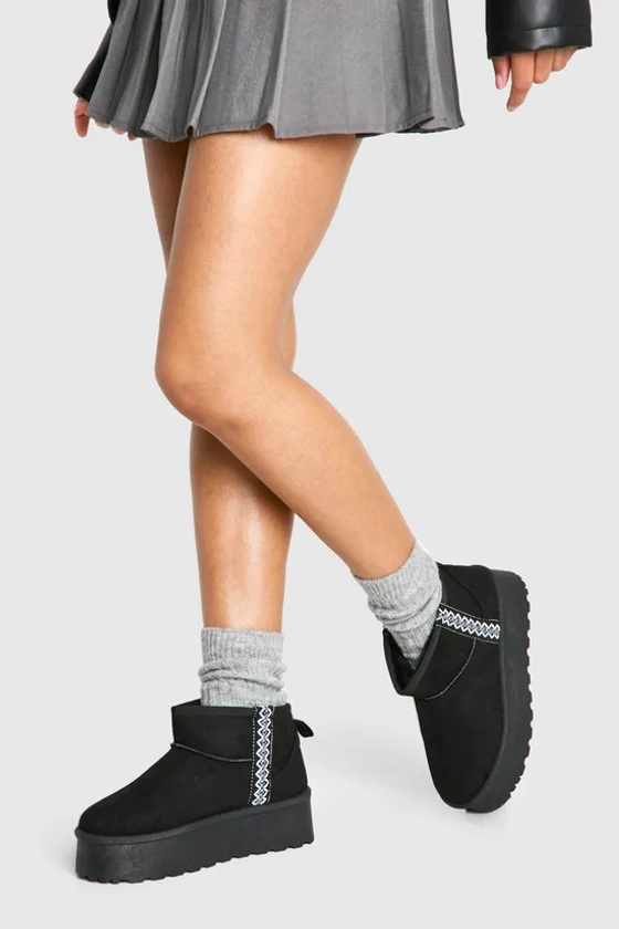 Boots | Embroidered Detail Cosy Platform Boots | boohoo