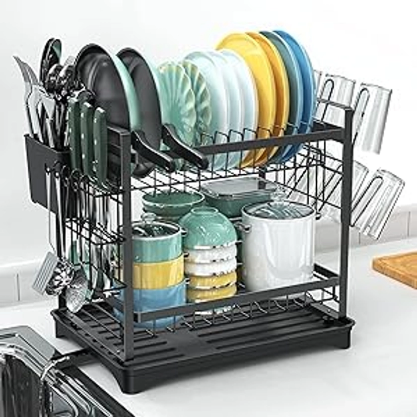 Dish Drying Rack with Drainboard, Stainless Steel 3 Tier Large Dish Drainers Rack with Cup,Cutting Boards,Utensil,Cutlery Holder,Plate Rack for Kitchen Counter (Black)