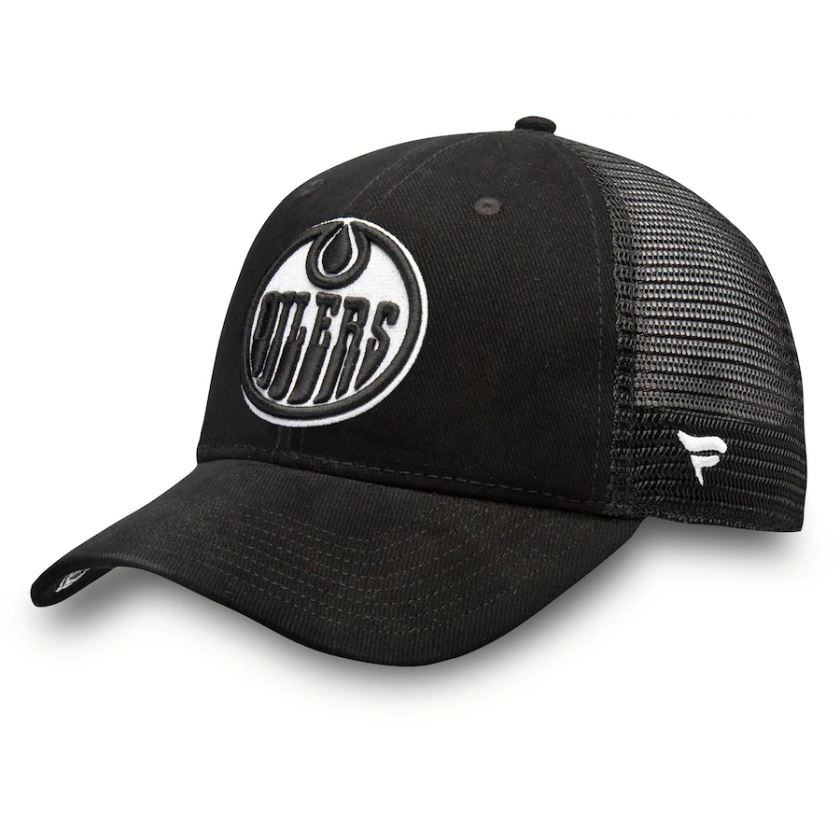 Men's Edmonton Oilers Fanatics Black Black and White Brushed Trucker Adjustable Hat