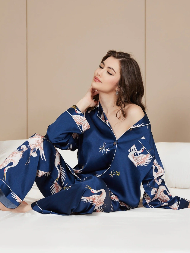 Silksilky 19Momme Printed Womens Silk Pyjamas Set Silky Sleepwear