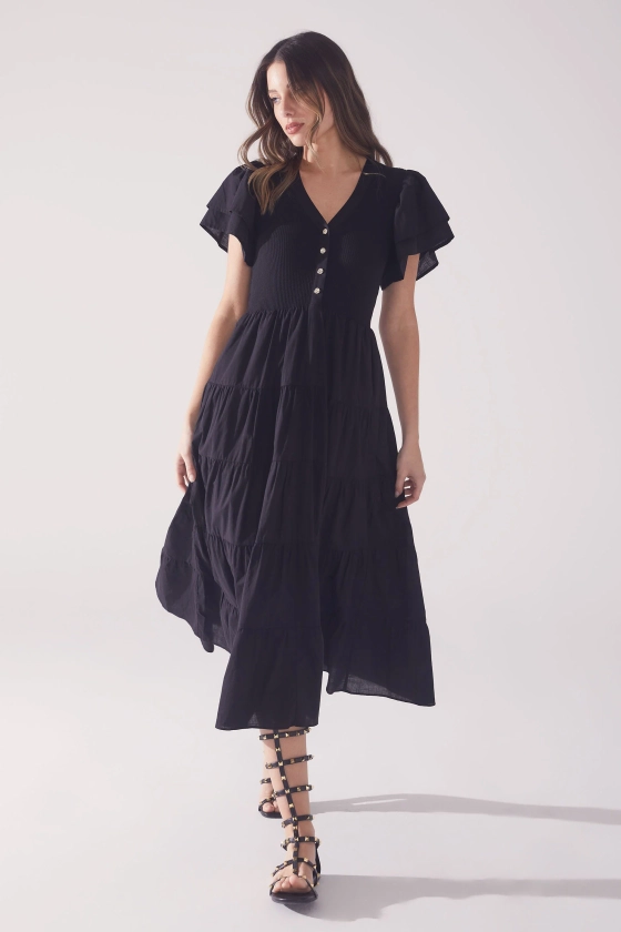 Eva Spliced Midi Dress — Black