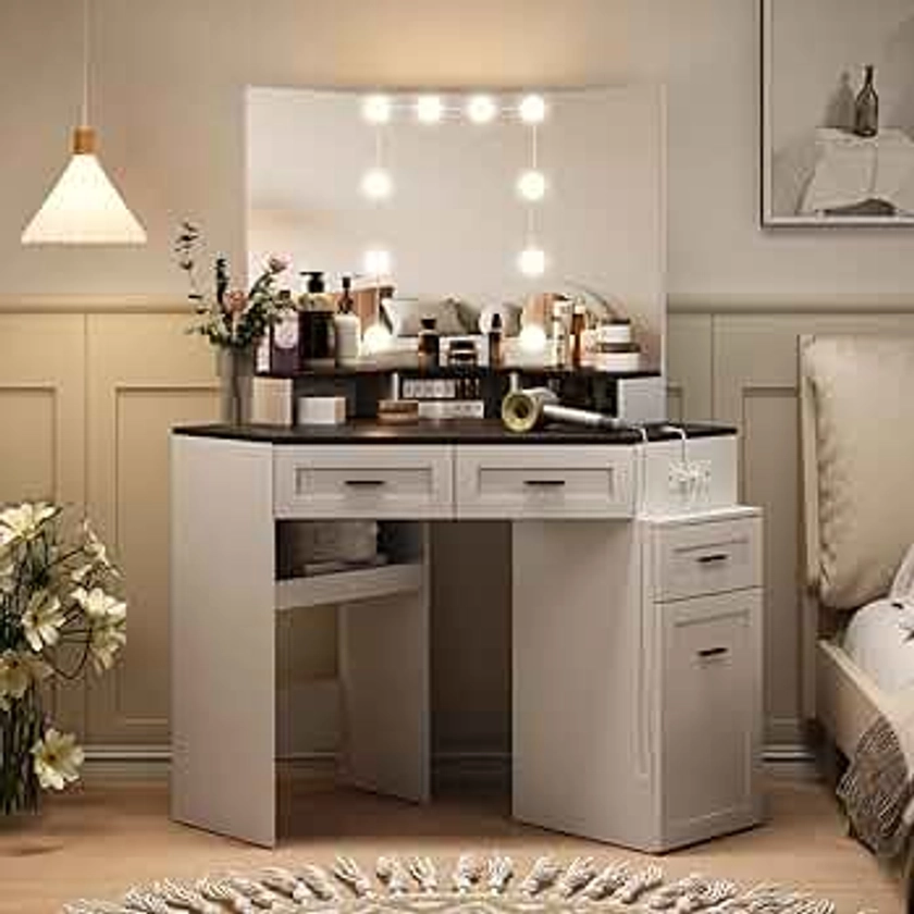 Fameill Corner Vanity Desk with Tri-Fold Mirror and Adjustable Light, Makeup Dressing Table with Power Outlet, 3 Drawers, Sliding Cabinet, Open Shelves, White Vanity Desk for Bedroom, Women, and Girls