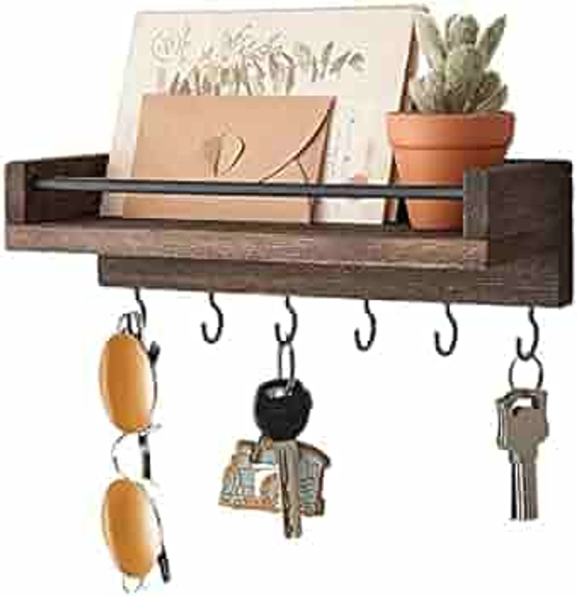 Mkono Key Holder for Wall, 9.5" x 3.5" x 2.5" Small Rustic Wood Floating Shelf with 6 Hooks Decorative Display Key Hanger for Living Room, Entryway, Bedroom, Bathroom,Office, Home Decor
