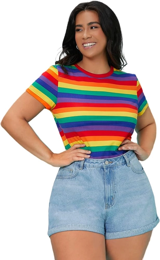 Floerns Women's Plus Size Striped Print Short Sleeve Round Neck Tee Shirt