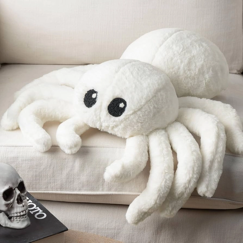 Phantoscope Happy Halloween Spider Shaped Throw Pillow, Faux Fur Fluffy Tarantula Shaped Halloween Cushion Pillow, White, 9 x 16 inch