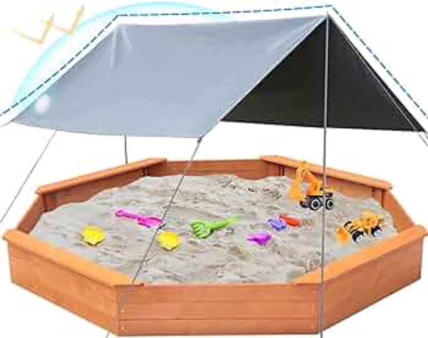 Luyitton Large Octagon Sandbox 84.5"x 77"x 9.02" Wooden Outdoor Kids Sand Pit with Canopy Tarp, Gift for Ages 2-8 Years Old Backyard Garden Easy Assembly