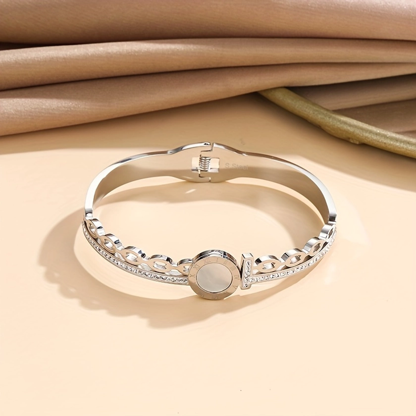 Elegant Vintage-Inspired Stainless Steel Bangle With Roman Numerals & Shell Accents - Perfect For Everyday Wear Or Gifting