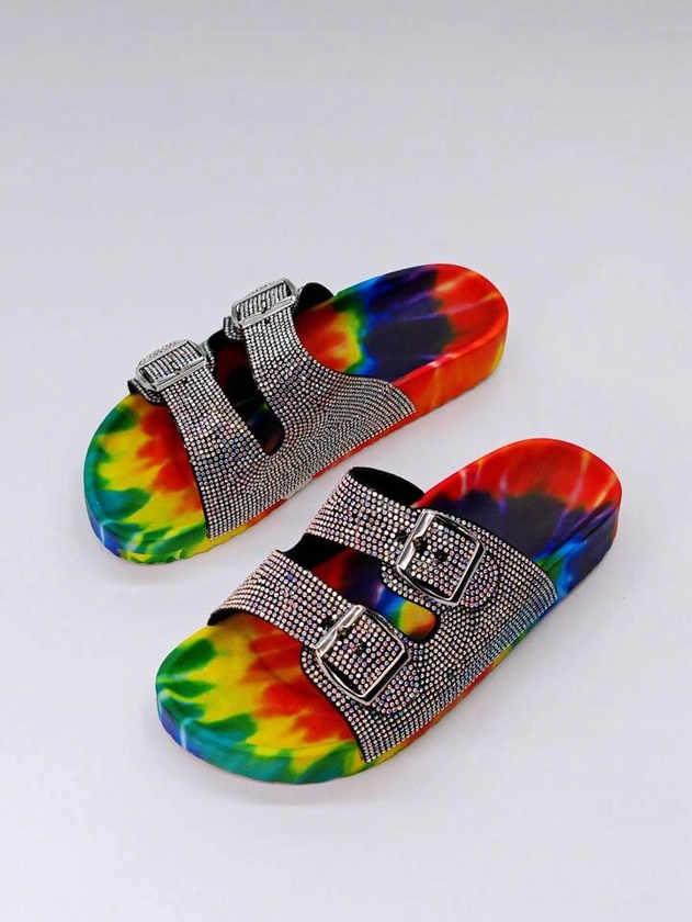 2024 New Arrival Rainbow Color Women's Slippers For Home, Beach And Outdoor Wearing With Trendy Printed Design, Thick Soles And Rhinestone Embellishment
