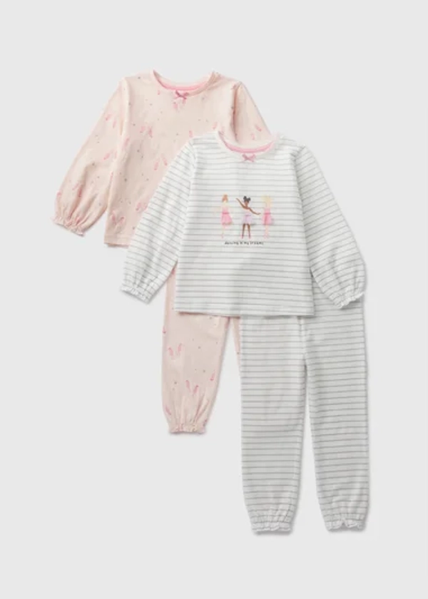 2 Pack Girls Pink Ballerina Top & Bottoms Pyjama Sets (1-7yrs)