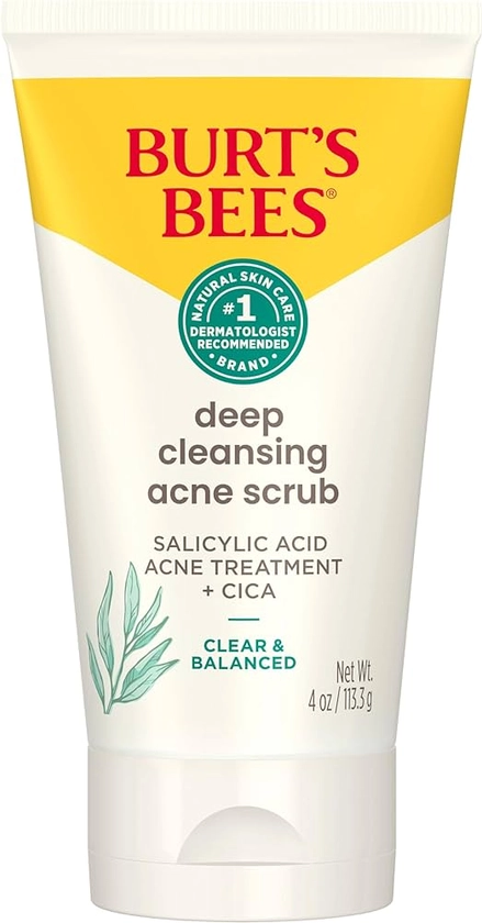 Amazon.com: Burt’s Bees Clear and Balanced Deep Cleansing Acne Scrub, Salicylic Acid Acne Treatment with Cica, Facial Cream Exfoliator Helps Unclog Pores and Reduce Acne, 4 Oz : Beauty & Personal Care