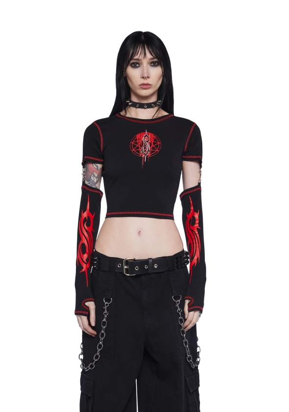 Dolls Kill x Slipknot Band Logo Contrast Stitch Graphic Tee With Removable Sleeves - Black