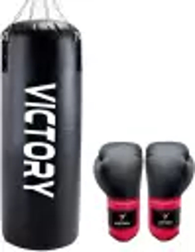VICTORY Unfilled Heavy Black Boxing Bag with Boxing Glove with Chain Hanging Bag