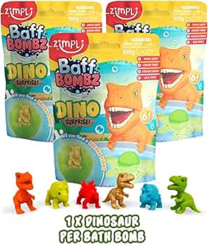 Zimpli Kids 3 x Large 100g Dino Surprise Bath Bombs, 6 Surprise Dinosaur Toys to Collect in Total, One Per Bath Bomb, Bubble Bath Toy Fizzies for Xmas, Stocking Fillers, Birthday Gift