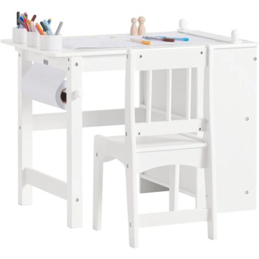 SoBuy KMB60-W Ensemble Table et Chaise Enfant Set de 2 Pièces Bureau Table d'Étude avec 2 étagères, 1 Porte-Rouleau de Papier et 3 porte-crayons pour stylos