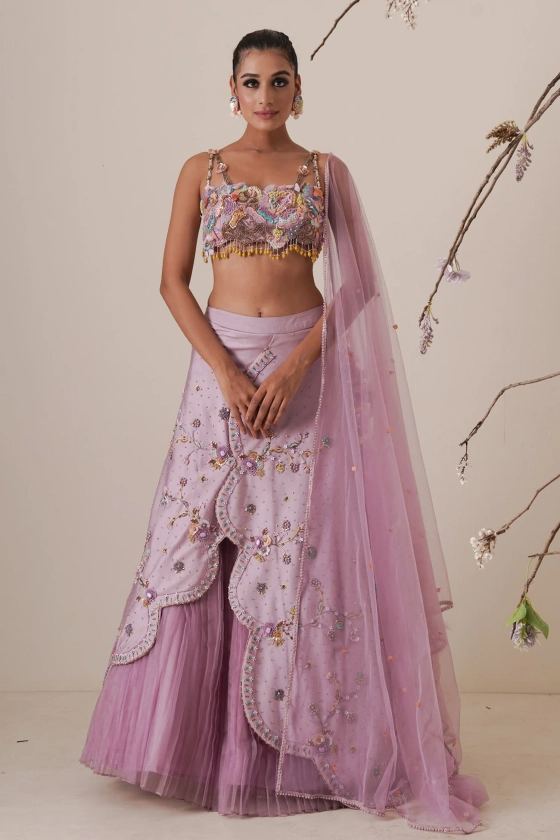 Buy Purple Blouse Net Embroidery Applique Sweetheart Neck Abstract Lehenga Set For Women by Merge Design Online at Aza Fashions.