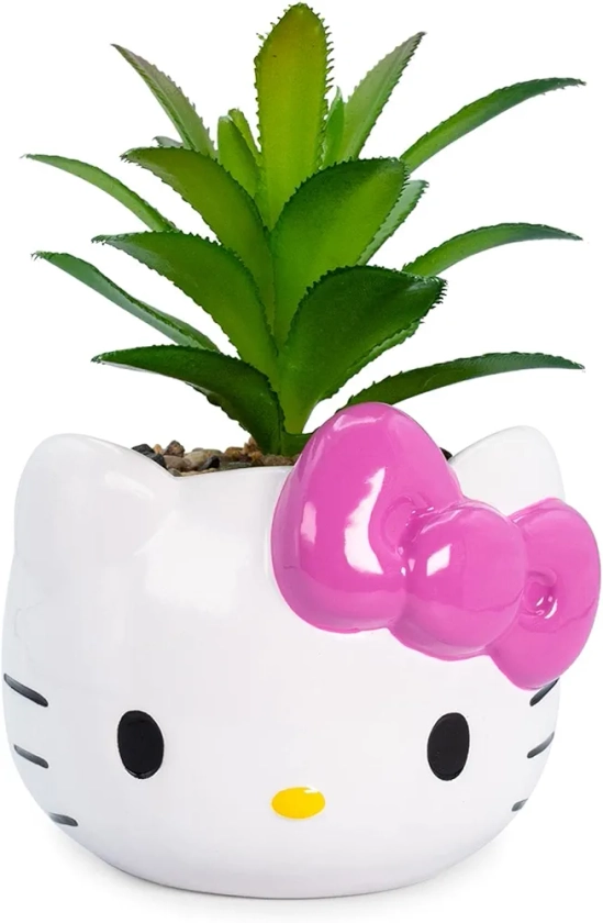 Sanrio Hello Kitty Face 3-Inch Ceramic Mini Planter With Artificial Succulent | Small Flower Pot, Faux Indoor Plants For Desk Shelf, Home Decor Trinket Tray | Cute Kawaii Gifts and Collectibles