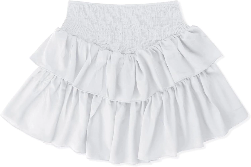 OYOANGLE Women's Shirred High Waist Tiered Layer Ruffle Hem A Line Short Mini Skirt