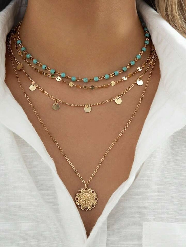 4 Pieces Of Women's Gold Layered Necklace, Summer Bohemian Layered Stacked Pendant Necklace, Country Concert Necklace, Turquoise Coin Girl Long Necklace | SHEIN USA