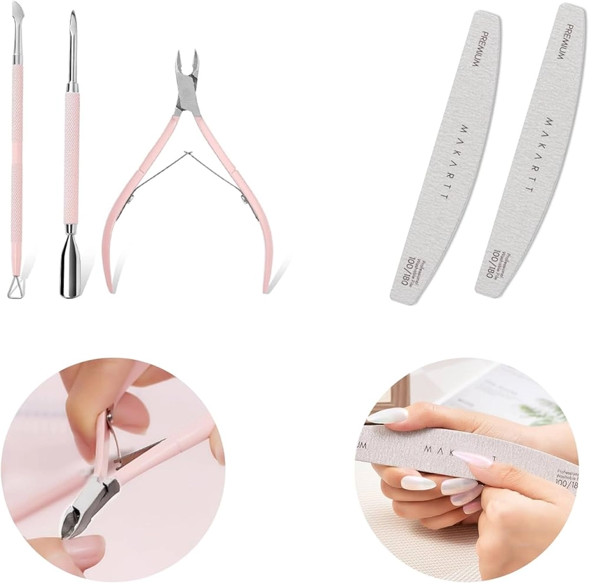 Makartt Cuticle Trimmer with Cuticle Pusher, 3 PCS Pink Nail Cuticle Nipper Bundle with Nail File, 100/180 Grit Nail Files for Natural Nails, Professional Strong Emery Boards for Nails Doubled Sides