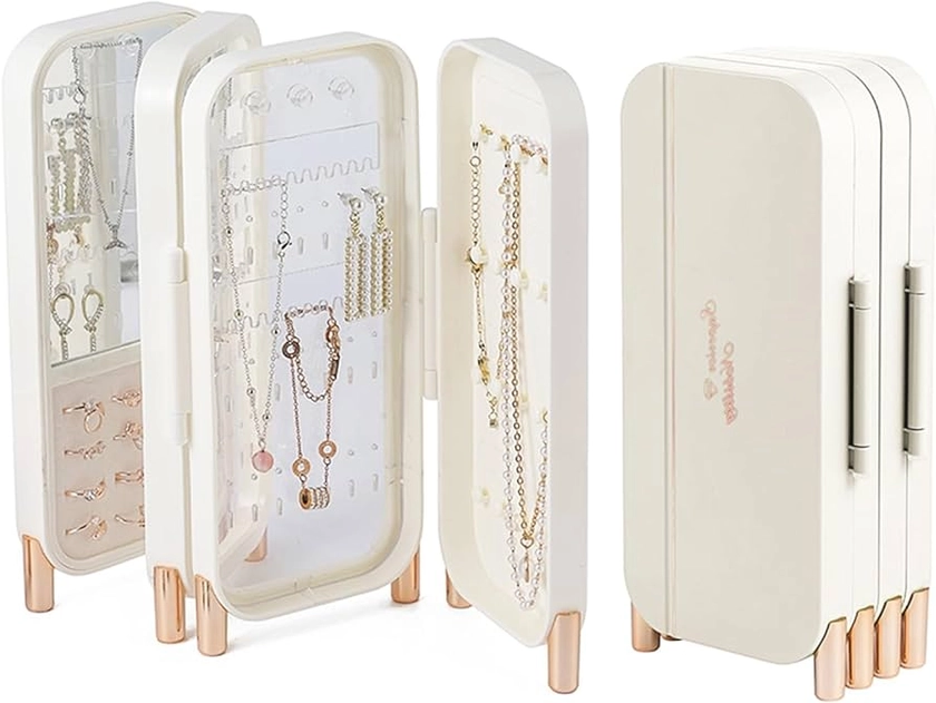 Foldable Jewelry Organizer Box with Mirror, 4-Layer Dustproof Earring Necklace and Rings Organizer, Space saving Jewelry box for for Women and Girls, Gifts for Girl (White)