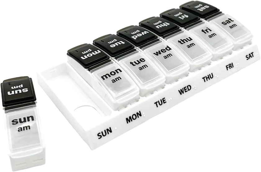 EZY DOSE Weekly (7-Day) AM/PM Pill Case, Medicine Planner, Vitamin Organizer, Large Pop-Out Compartments, 2 Times a Day, Black and Clear Lids