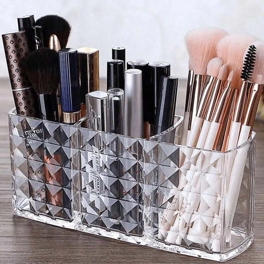 1pc Acrylic Makeup Brush Holder, 3 Compartment Cosmetic Storage Box, Pen Cup Organizer - Back To School Essential