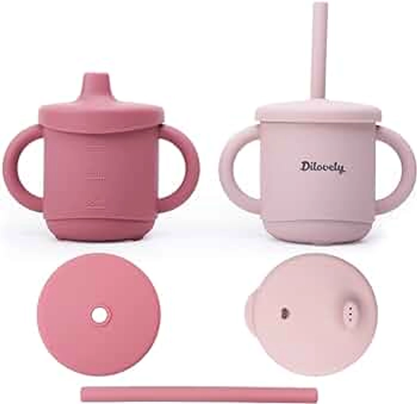 Dilovely Silicone Sippy Cup for Toddler, Transition Straw Cups for baby 12 months +, Unbreakable Kids Cups 3 in 1, 2 Pack Dishwasher & Microwave Safe, BPA Free 7oz Pink