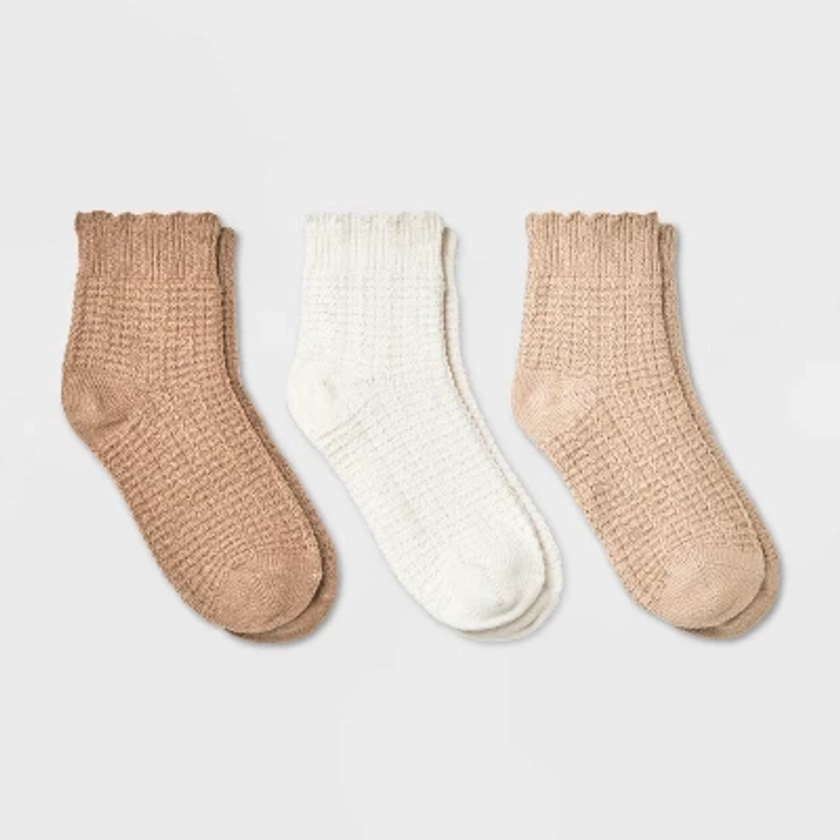 Women's Scallop Edge 3pk Ankle Socks - Universal Thread™ Oatmeal/Cream/Brown 4-10