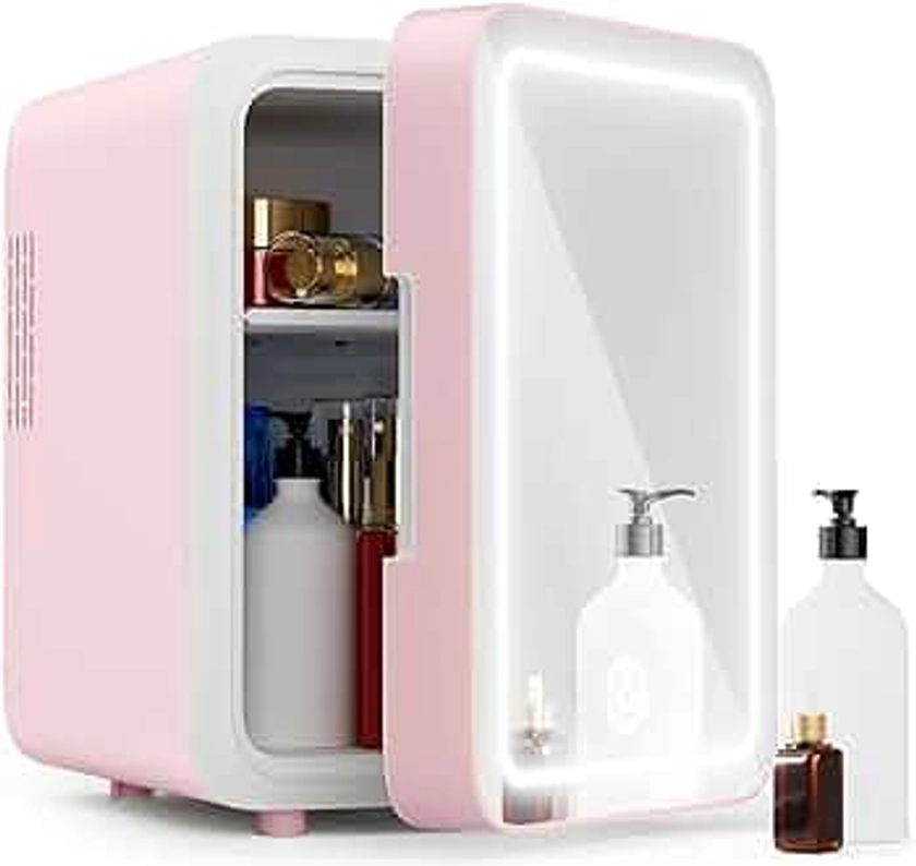 Easy-Take Skincare Fridge - Mini Fridge with Dimmable LED Mirror (4 Liter/6 Can), Cooler and Warmer, for Refrigerating Makeup, Skincare and Food, Mini Fridge for Bedroom, Office and Car