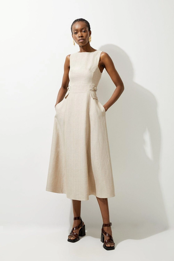 Premium Linen Tab Waist Detail Full Skirt Tailored Midi Dress | Karen Millen