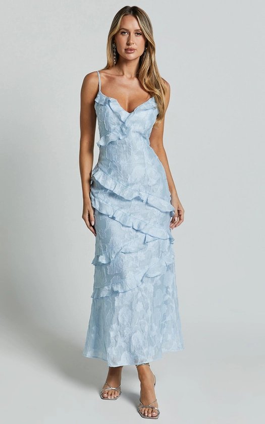 Michaela Midi Dress - Jacquard Ruffle Detail Tiered Dress in Light Blue