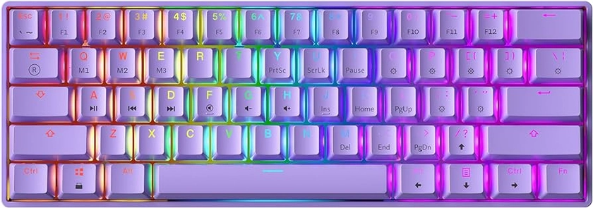 GK61 Mechanical Gaming Keyboard - 61 Keys Multi Color RGB Illuminated LED Backlit Wired Programmable for PC/Mac Gamer (Gateron Optical Brown, Lavender)