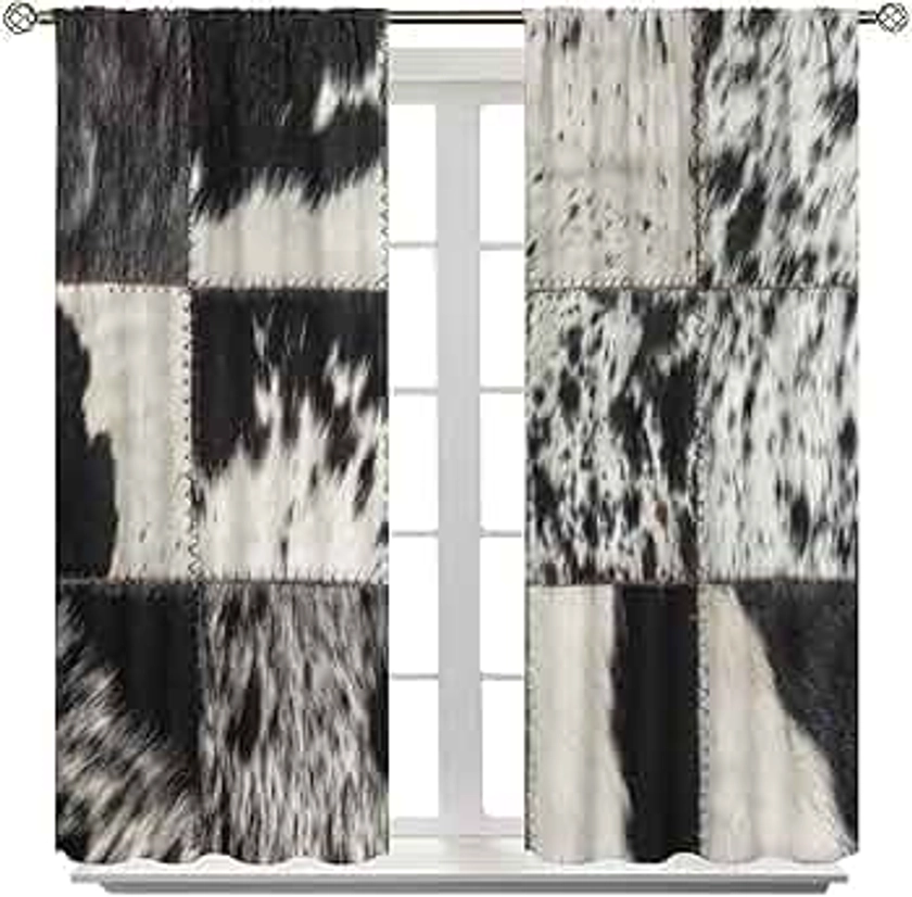 Cowhide Print Curtains,3D Animal Fur Bedroom Living Room Window Treatments, Western Farm Country Vintage Curtains 42x63in Black-1