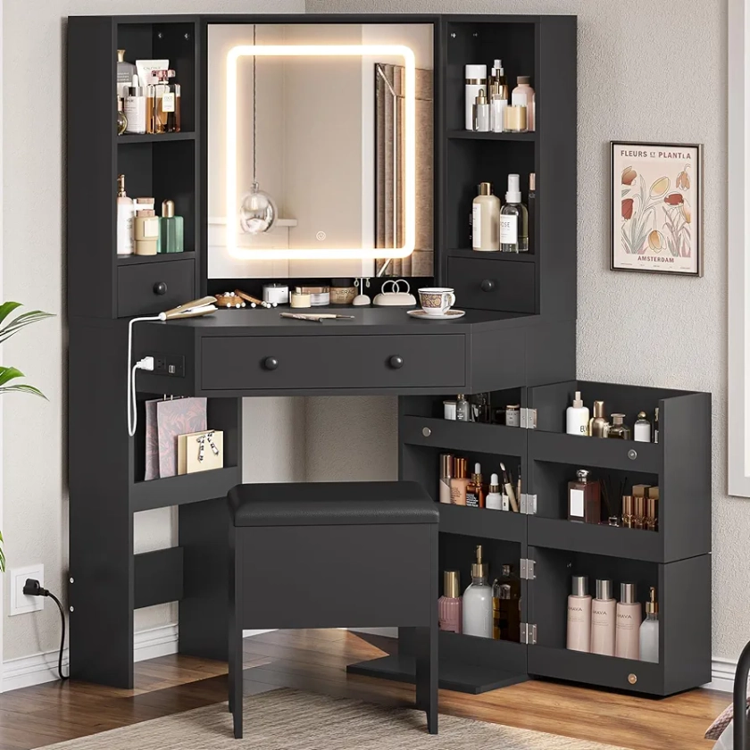 Corner Vanity Desk with Lighted Mirror, Makeup Vanity with Lights and Charging Station, Vanity Set with Mirror and Storage Stool, Makeup Table with Drawers, Rotating Shelves, Black