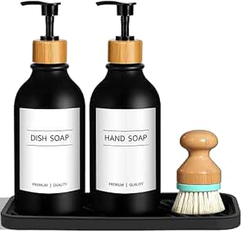 GMISUN Black Hand and Dish Soap Dispenser Set with Tray, 500 ML Plastic Kitchen Sink Soap Dispenser with Bamboo Dish Brush, Farmhouse Kitchen Washing Up Liquid Dispenser Bottle with Pump Bathroom