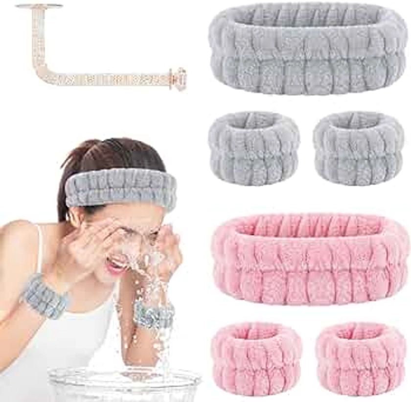 Face Washing Headband and Wristband Set of 2, Microfiber, Pink and Grey, Absorbent Spa Wristbands for Adult Women, 6 Count